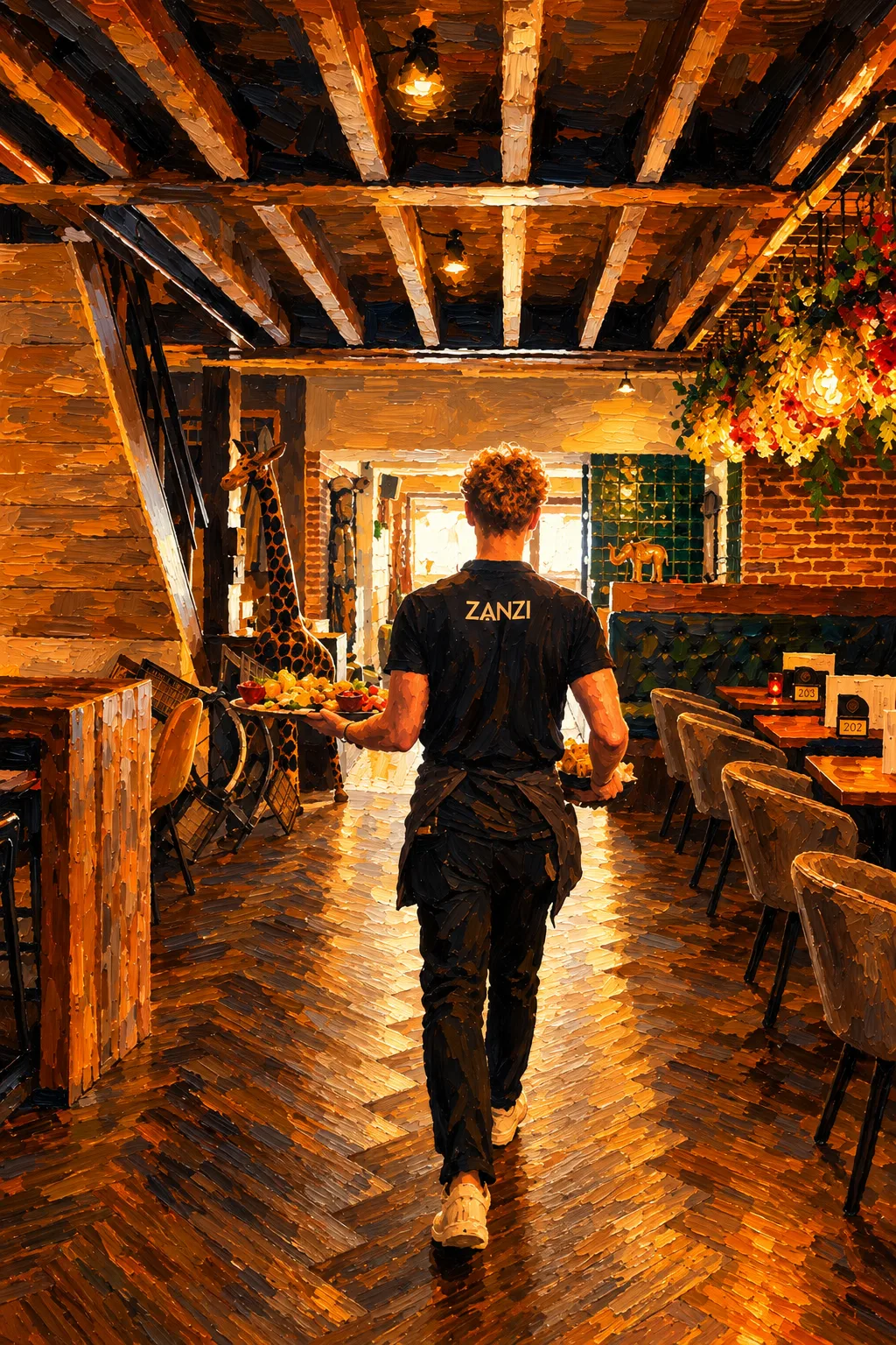 Warme Zanzi-restaurantscène in olieverf